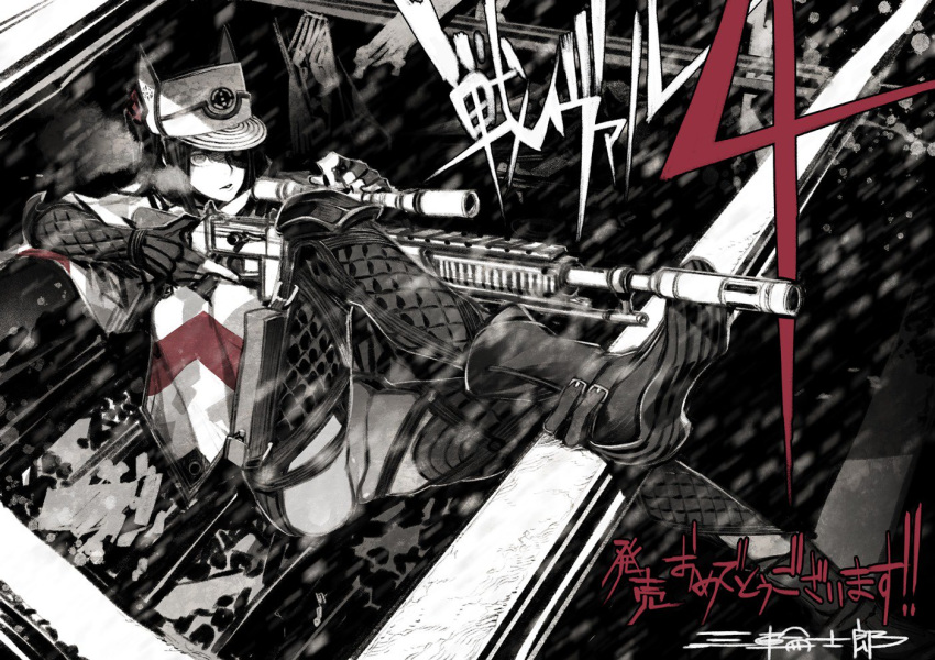 ankle_boots boots breath buckle camouflage cape fingerless_gloves gloves gun hat holding holding_gun holding_weapon kai_schren knee_pads knee_up miwa_shirou pants parted_lips peaked_cap rifle scope senjou_no_valkyria senjou_no_valkyria_4 sitting sniper_rifle solo spot_color translation_request trigger_discipline weapon