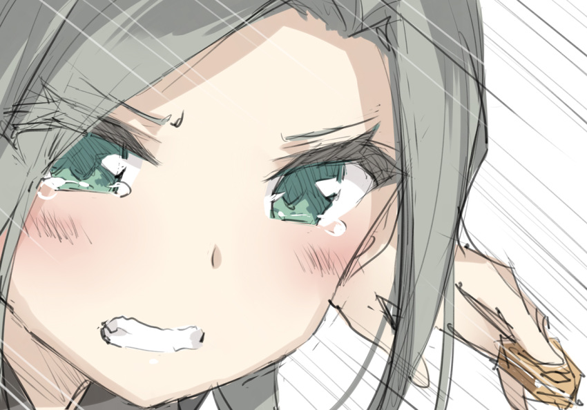 blush board_game clenched_teeth close-up face forehead green_eyes grey_hair holding ikeda_akari looking_at_viewer open_mouth peko ryuuou_no_oshigoto! shougi simple_background sketch speed_lines tears teeth upper_body white_background