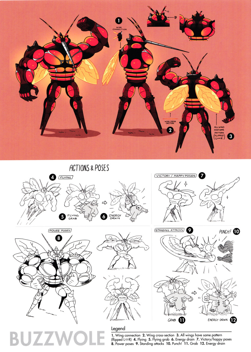 2016 anthro arthropod buzzwole concept_art english_text flying hi_res insect james_turner model_sheet muscular nintendo official_art pangoro pok&eacute;mon pok&eacute;mon_(species) red_background simple_background solo text ultra_beast video_games white_background wings