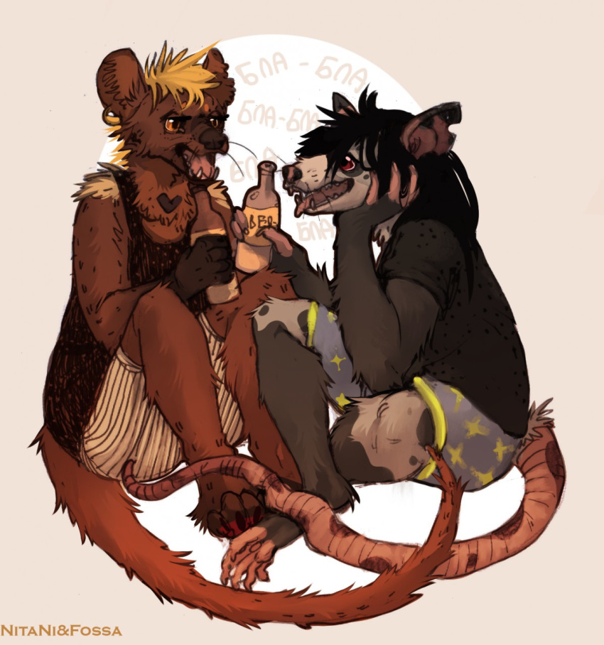 2018 anthro black_fur black_hair blonde_hair brown_fur clothed clothing digital_media_(artwork) duo fossa fossa666 fur hair mammal marsupial nitani opossum orange_eyes red_eyes sitting