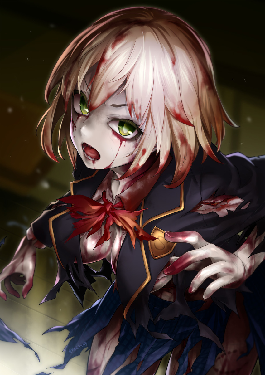 :o bangs bite_mark blonde_hair blood blood_from_mouth blood_on_face bloody_clothes bloody_hair bloody_hands bloody_tears blue_jacket blue_skirt bow breasts cafe_no_zombi-ko cleavage commentary_request emblem fingernails green_eyes grey_skin hair_between_eyes highres jacket kitano_tomotoshi large_breasts long_fingernails long_sleeves looking_at_viewer navel no_bra open_mouth outstretched_arms plaid plaid_skirt red_bow school_uniform scratches shirt skirt teeth torn_bow torn_clothes torn_jacket torn_shirt torn_skirt v-shaped_eyebrows virtual_youtuber white_shirt zombi-ko_channel zombie zombie_pose
