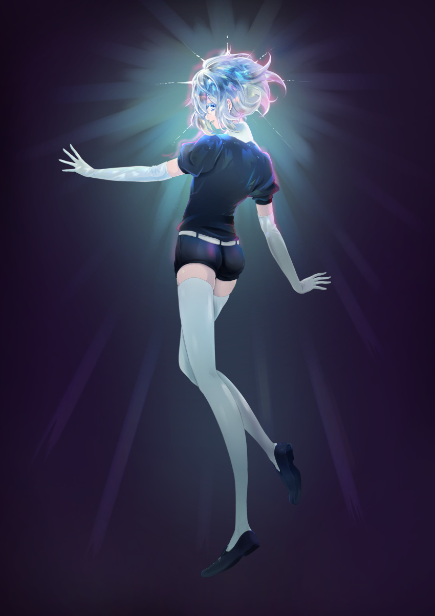 absurdres androgynous blue_eyes diamond_(houseki_no_kuni) elbow_gloves gem_uniform_(houseki_no_kuni) gloves glowing glowing_hair highres houseki_no_kuni looking_at_viewer multicolored_hair outstretched_wrists rainbow_hair short_hair shorts sleepyowl_(jobkung15) smile solo thighhighs