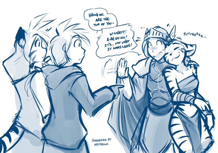 2018 :3 anthro armor cape clothed clothing daniels_(twokinds) dialogue english_text eyes_closed feline female flora_(twokinds) fur group helmet hi_res human keidran male mammal midriff monochrome nervous nuzzling open_mouth pauldron purring simple_background sketch skimpy smile striped_fur stripes surprise text therie_sah-van tiger tom_fischbach trace_legacy twokinds webcomic white_background