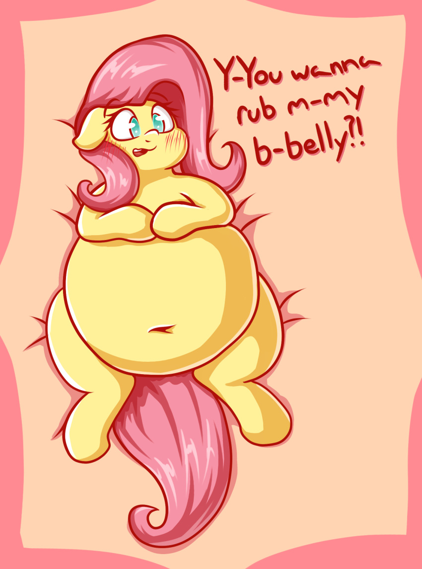 blue_eyes blush english_text equine fluttershy_(mlp) friendship_is_magic graphene horse mammal my_little_pony overweight pony solo text