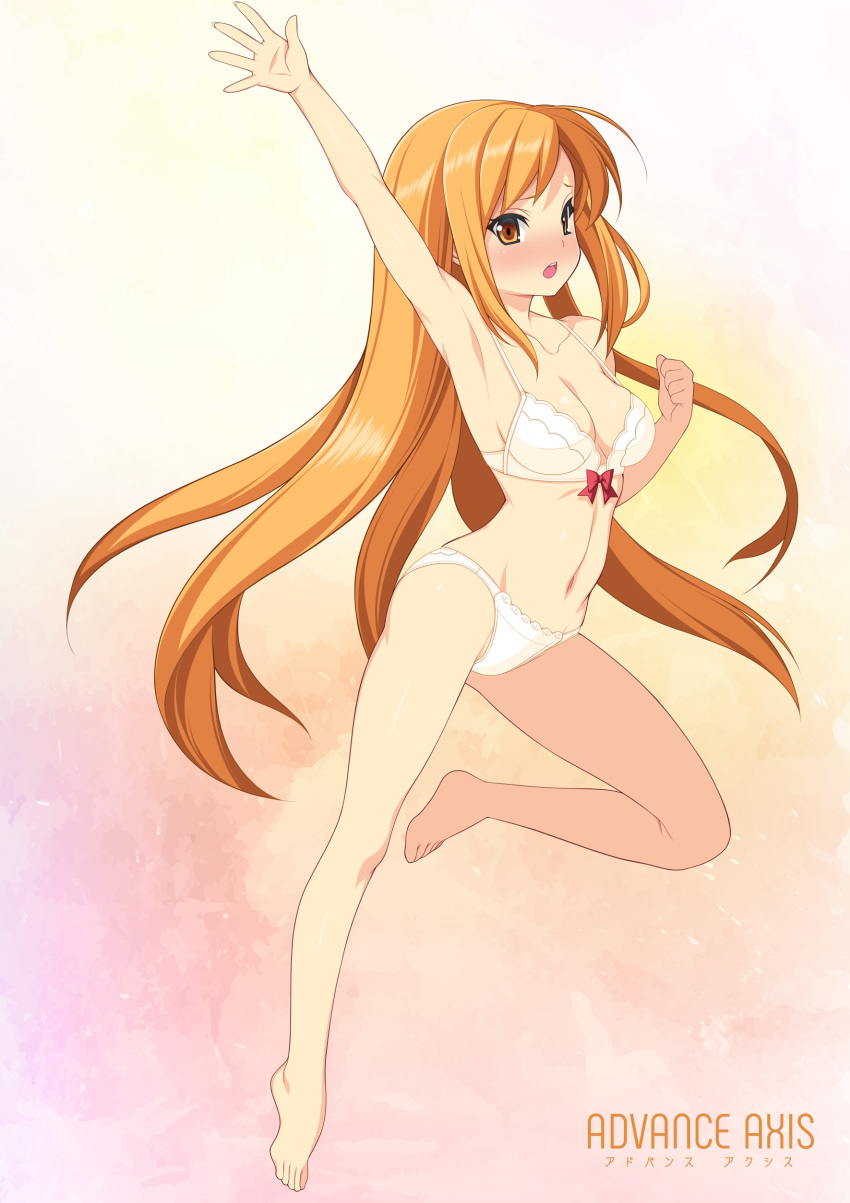 absurdres arm_up armpits ass_visible_through_thighs bare_legs barefoot beatmania beatmania_iidx blush bra breasts cleavage full_body highres kinoshita_ichi leg_up long_hair medium_breasts navel non-web_source open_mouth orange_eyes orange_hair panties sidelocks solo standing standing_on_one_leg umegiri_iroha underwear underwear_only very_long_hair white_bra white_panties