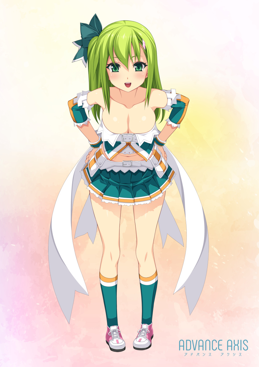 absurdres bangs bare_shoulders beatmania beatmania_iidx blush bow breasts cleavage collarbone eyebrows_visible_through_hair full_body gradient gradient_background green_eyes green_hair green_legwear hair_bow hair_ornament hairclip hands_on_hips highres kinoshita_ichi kitami_erika large_breasts leaning_forward long_hair looking_at_viewer midriff miniskirt navel open_mouth pleated_skirt shoes simple_background skirt smile sneakers solo standing strapless wristband