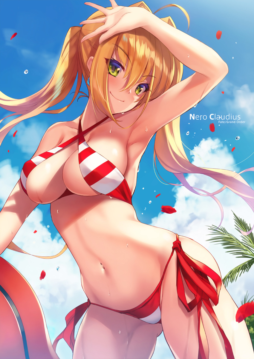 absurdres aestus_estus arm_up armpits bangs bare_shoulders bikini blue_sky blush breasts character_name cleavage cloud cloudy_sky contrapposto criss-cross_halter cropped day earrings eyebrows_visible_through_hair fate/grand_order fate_(series) fukai_ryousuke green_eyes hair_between_eyes hair_intakes halterneck head_tilt highres jewelry large_breasts long_hair looking_at_viewer navel nero_claudius_(fate)_(all) nero_claudius_(swimsuit_caster)_(fate) outdoors page_number petals rose_petals scan side-tie_bikini sky smile solo standing striped striped_bikini swimsuit twintails water_drop wet