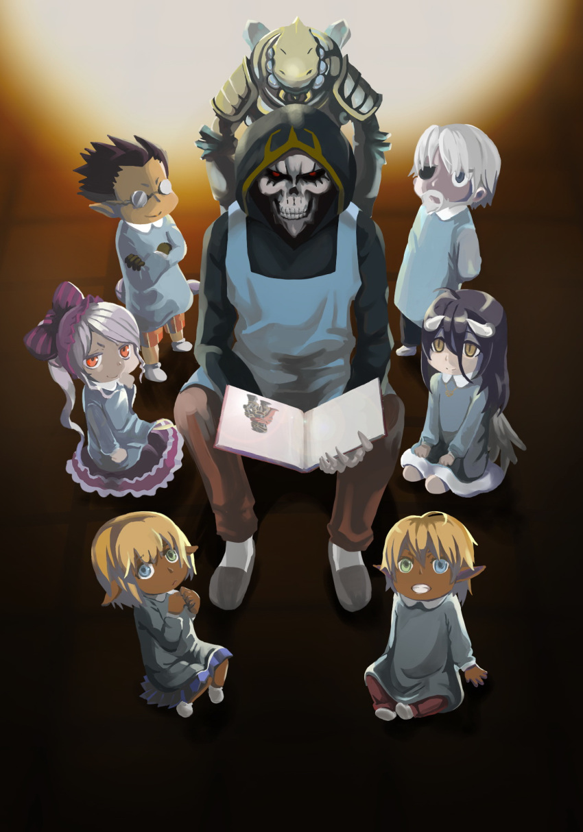 6+girls ainz_ooal_gown albedo aura_bella_fiora black_hair black_wings blonde_hair book chibi cocytus_(overlord) demiurge demon_girl demon_horns demon_wings glasses heterochromia highres horns kindergarten_teacher kindergarten_uniform leveach looking_at_viewer mare_bello_fiore multiple_boys multiple_girls open_book open_mouth overlord_(maruyama) sebas_tian shalltear_bloodfallen silver_hair simple_background smile wings younger