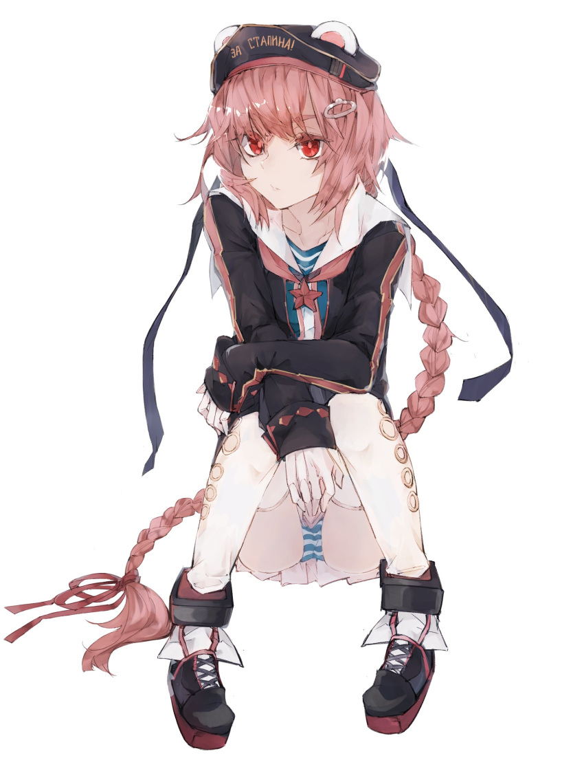 ass bangs black_jacket braid closed_mouth clothes_writing french_braid full_body girls_frontline gloves hat highres ik jacket long_braid long_hair long_sleeves looking_at_viewer panties pantyshot pink_hair pps-43_(girls_frontline) red_eyes red_star sailor_collar sash simple_background single_braid sitting skirt thighhighs underwear very_long_hair white_background white_gloves white_legwear white_sailor_collar