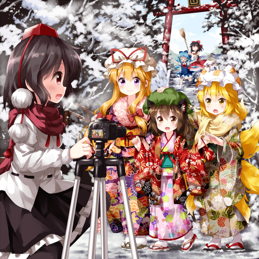 6+girls :d ^_^ alternate_costume animal_ear_fluff animal_ears ascot bag beige_kimono black_footwear black_hair black_legwear black_skirt blank_eyes blonde_hair blue_bow blue_dress blue_hair blue_sky blush bow bowtie breasts breath broom brown_eyes brown_hair camera cat_ears checkered checkered_scarf chen cirno closed_eyes commentary_request day detached_sleeves dress earrings eyes_closed feet_out_of_frame floral_print fox_tail frilled_bow frills from_side full_body fur_trim green_hat green_sash grey_footwear hair_bow hakurei_reimu hakurei_shrine hand_on_another's_head haori hat hat_ribbon highres holding holding_bag holding_broom ice ice_wings japanese_clothes jewelry kimono kneehighs long_sleeves looking_at_another mary_janes medium_breasts mob_cap multiple_girls multiple_tails neck_ribbon obi ofuda open_mouth outdoors outstretched_arms petticoat pillow_hat pinafore_dress pink_kimono pom_pom_(clothes) profile purple_eyes purple_kimono red_bow red_eyes red_footwear red_neckwear red_ribbon red_scarf red_skirt ribbon ribbon-trimmed_sleeves ribbon_trim ruu_(tksymkw) sandals sash scarf shadow shameimaru_aya shirt shoes sidelocks skirt sky smile snow stairs standing sweat tail tassel tokin_hat torii touhou unmoving_pattern white_hat white_legwear white_shirt wide_sleeves wings yakumo_ran yakumo_yukari yellow_neckwear yellow_sash yellow_scarf