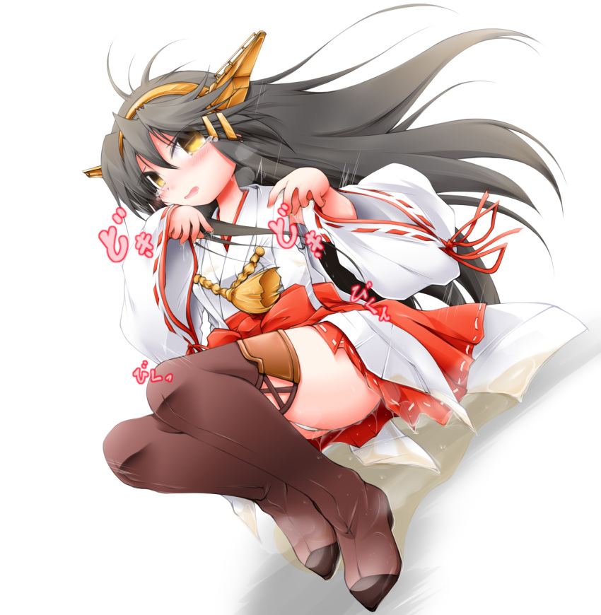 1girl aiguillette anbee_(arary) bangs black_hair blush boots breath brown_footwear detached_sleeves embarrassed eyebrows_visible_through_hair female frilled_skirt frills full_body hair_between_eyes hair_ornament hairclip hands_up haruna_(kantai_collection) headgear highres japanese_clothes kantai_collection knees_up long_hair looking_at_viewer lying miniskirt nontraditional_miko on_back open_mouth panties peeing peeing_self puddle red_skirt ribbon-trimmed_sleeves ribbon_trim sash simple_background skirt solo steam sweat tears teeth thigh_boots thighhighs trembling underwear wet wet_clothes wet_panties white_background white_panties yellow_eyes