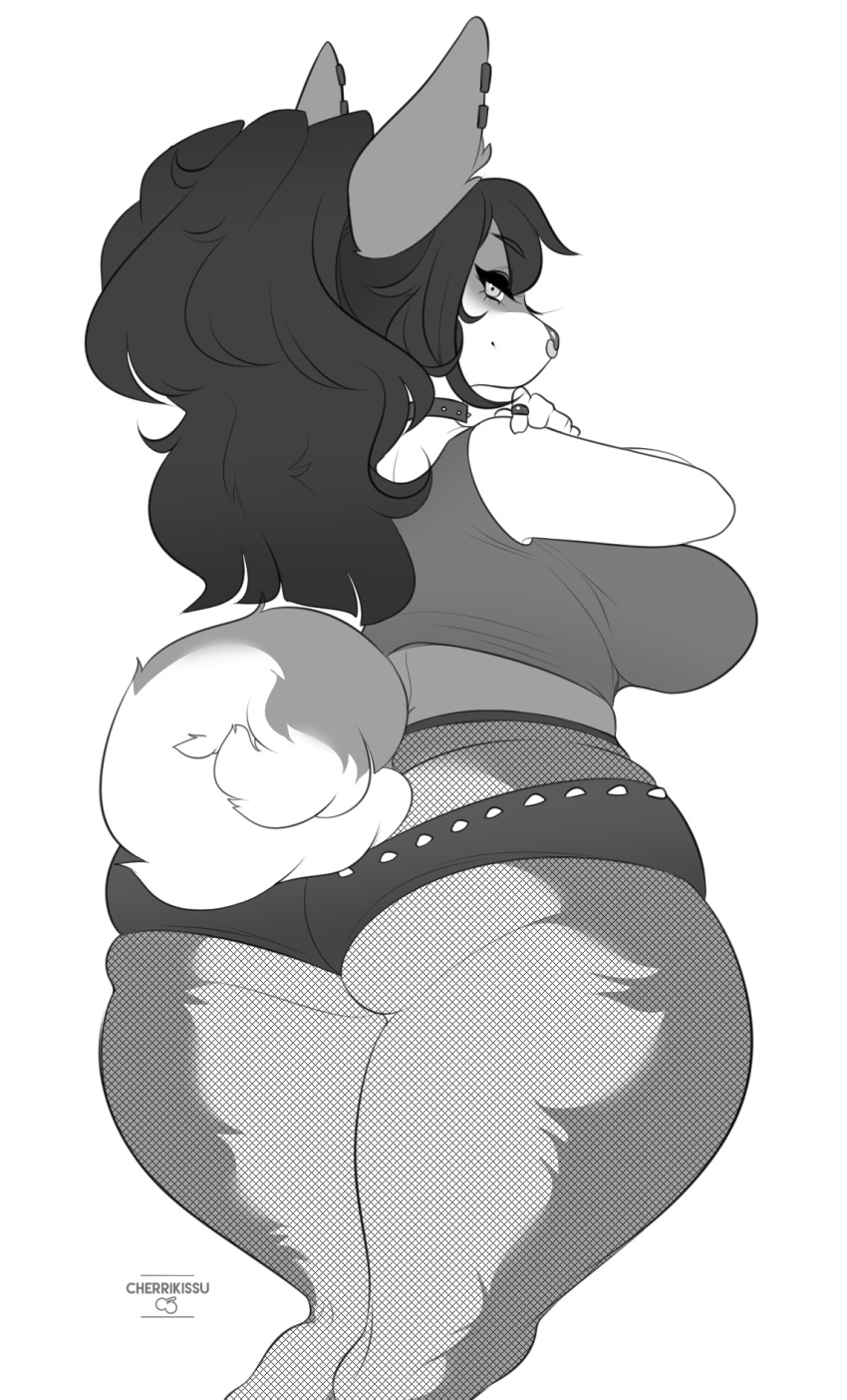 2018 anthro big_breasts big_butt breasts butt canine cherrikissu clothing digital_media_(artwork) female hair hi_res huge_breasts huge_thighs looking_at_viewer looking_back mammal monochrome side_boob slightly_chubby solo thick_thighs voluptuous wide_hips