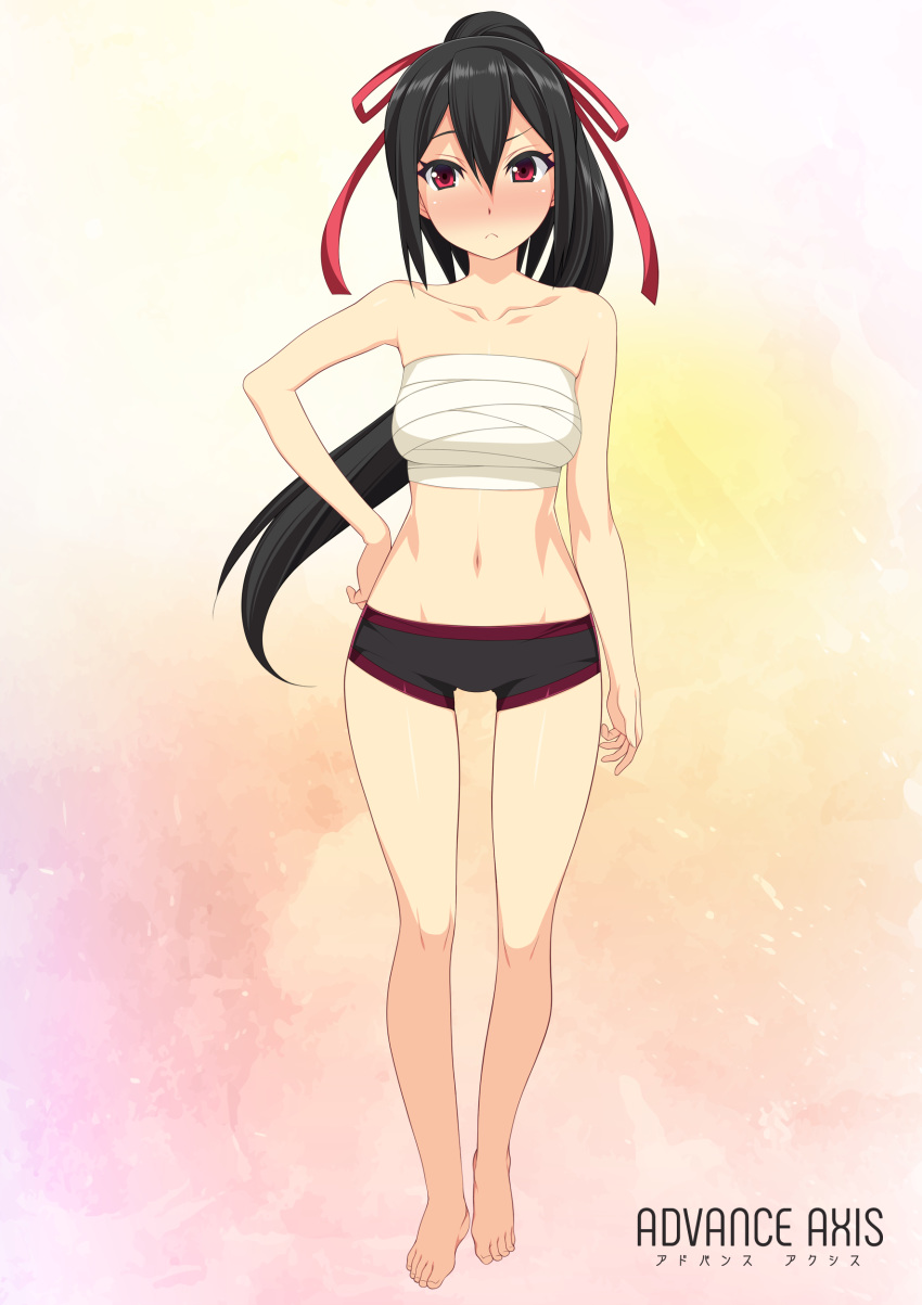 absurdres bangs bare_legs bare_shoulders barefoot beatmania black_hair blush bow breasts closed_mouth collarbone dj_sakura full_body gradient gradient_background hair_bow hand_on_hip highres kinoshita_ichi long_hair looking_to_the_side medium_breasts midriff navel ponytail red_eyes sarashi simple_background solo underwear