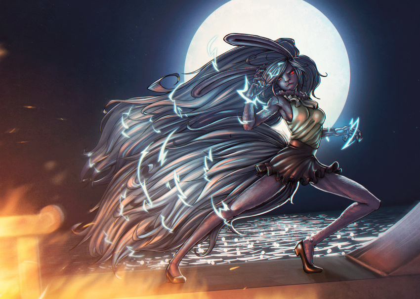 alternate_form big_hair black_footwear black_skirt breasts bunny_tail carrot_(one_piece) commentary daniel_vivas electricity fighting_stance full_body full_moon fur furry highres huge_filesize long_hair medium_breasts monster_girl moon one_piece rabbit_girl skirt sleeveless snout solo spoilers tail very_long_hair