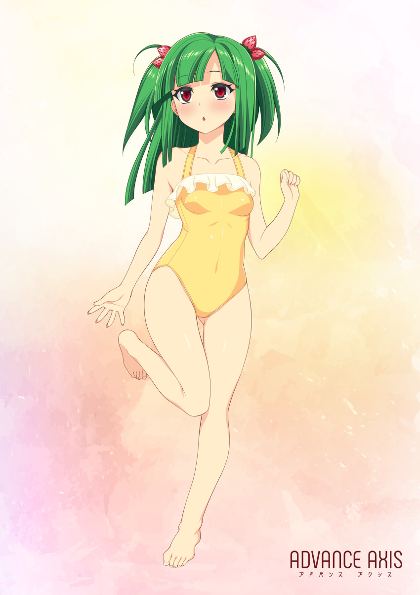 absurdres bangs bare_legs bare_shoulders barefoot beatmania beatmania_iidx blush breasts clenched_hand collarbone covered_navel eyebrows_visible_through_hair fingernails food_themed_hair_ornament frills full_body gradient gradient_background green_eyes green_hair hair_ornament highres hishimiya_tsugaru kinoshita_ichi leg_up long_hair looking_away medium_breasts one-piece_swimsuit parted_lips simple_background solo standing strawberry_hair_ornament swimsuit two_side_up yellow_swimsuit