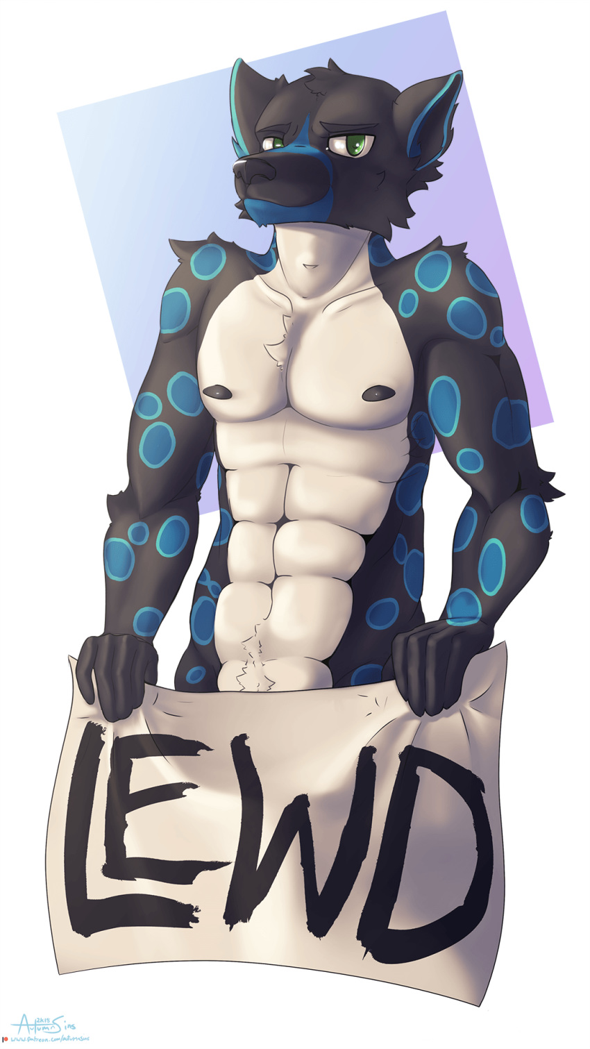 2018 anthro autumn_sins black_fur censored convenient_censorship countershading feline fur green_eyes half_body leopard looking_at_viewer male mammal muscular muscular_male nipples portrait reaction_image sign simple_background smile solo spots text