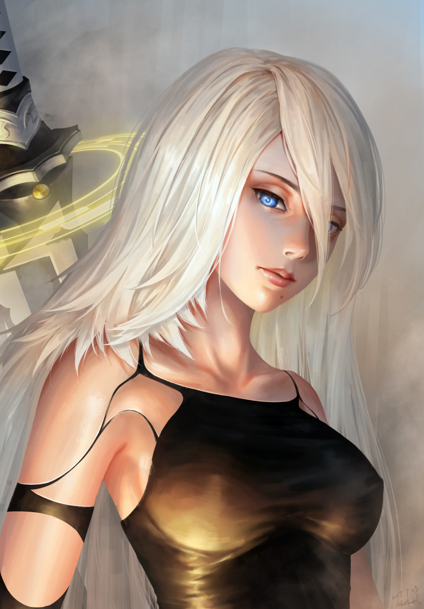 absurdres android armlet armpits bantish blue_eyes breasts commentary highres long_hair medium_breasts mole mole_under_mouth nier_(series) nier_automata pink_lips robot_joints silver_hair solo sword sword_behind_back tank_top upper_body weapon yorha_type_a_no._2