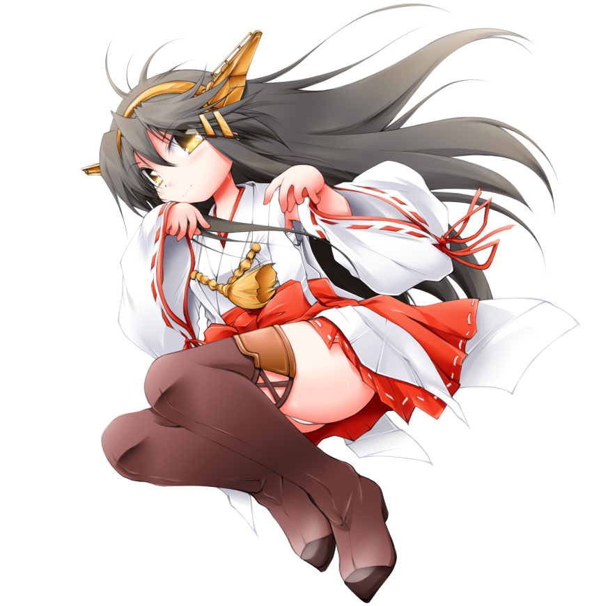 1girl aiguillette anbee_(arary) bangs black_hair blush boots brown_footwear closed_mouth detached_sleeves eyebrows_visible_through_hair female frilled_skirt frills full_body hair_between_eyes hair_ornament hairclip hands_up happy haruna_(kantai_collection) headgear highres japanese_clothes kantai_collection light_blush long_hair looking_at_viewer miniskirt nontraditional_miko panties red_skirt ribbon-trimmed_sleeves ribbon_trim sash simple_background skirt smile solo sweat thigh_boots thighhighs underwear white_background white_panties yellow_eyes