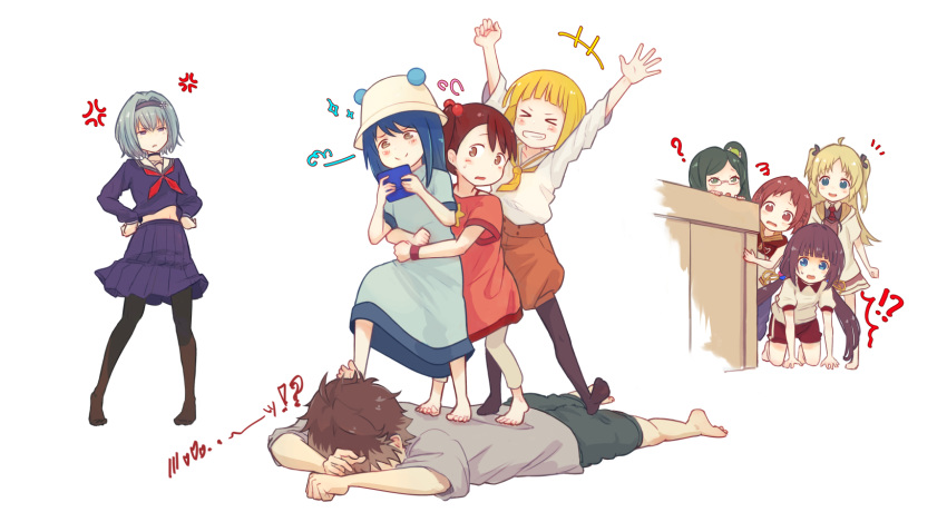 &gt;_&lt; 1boy 6+girls ? akamatsu_yui anger_vein barefoot blonde_hair blue_hair brat brown_hair charlotte_izoard commentary crossover green_hair grin gym_uniform hairband handheld_game_console hands_on_hips hat highres hinatsuru_ai kise_sacchan kotoha_(mitsuboshi_colors) kuzuryuu_yaichi lying mitsuboshi_colors mizukoshi_mio multiple_girls nintendo_ds on_stomach pantyhose ryuuou_no_oshigoto! sadatou_ayano school_uniform season_connection serafuku side_ponytail silver_hair smile sora_ginko stepped_on twintails white_background