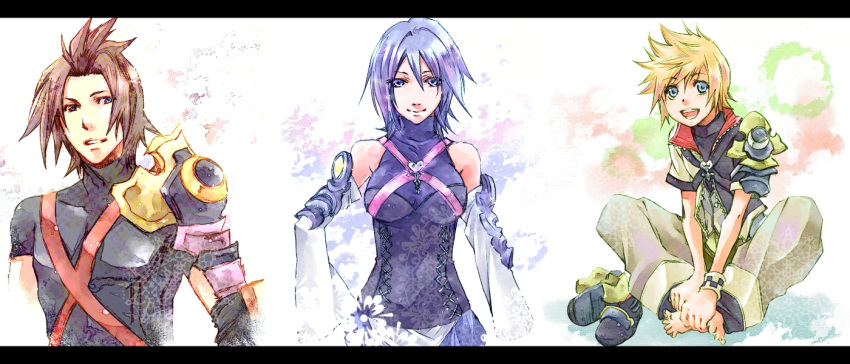 aqua_(kingdom_hearts) bad_id bad_pixiv_id bike_shorts blonde_hair blue_eyes blue_hair breasts brown_hair corset detached_sleeves kingdom_hearts kingdom_hearts_birth_by_sleep m3_(mmm003) medium_breasts medium_hair multiple_boys short_hair terra_(kingdom_hearts) thighhighs ventus