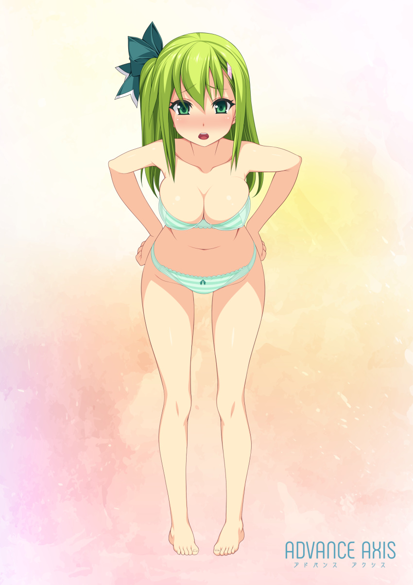 absurdres bare_legs beatmania beatmania_iidx blush bow bra breasts collarbone full_body green_bra green_eyes green_hair green_panties hair_bow hair_ornament hairclip hands_on_hips highres kinoshita_ichi kitami_erika long_hair looking_at_viewer medium_breasts navel non-web_source one_side_up open_mouth panties pigeon-toed solo standing striped striped_bra striped_panties underwear underwear_only