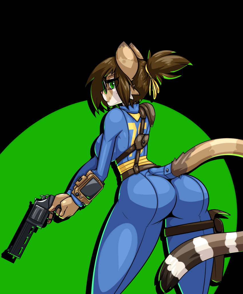 2018 anthro big_breasts big_butt breasts butt butt_focus butt_pose cat clothing eyewear fallout feline female glasses gun helia_peppercats_(wrinklynewt) jumpsuit limebreaker mammal ponytail ranged_weapon side_boob solo tight_clothing video_games weapon