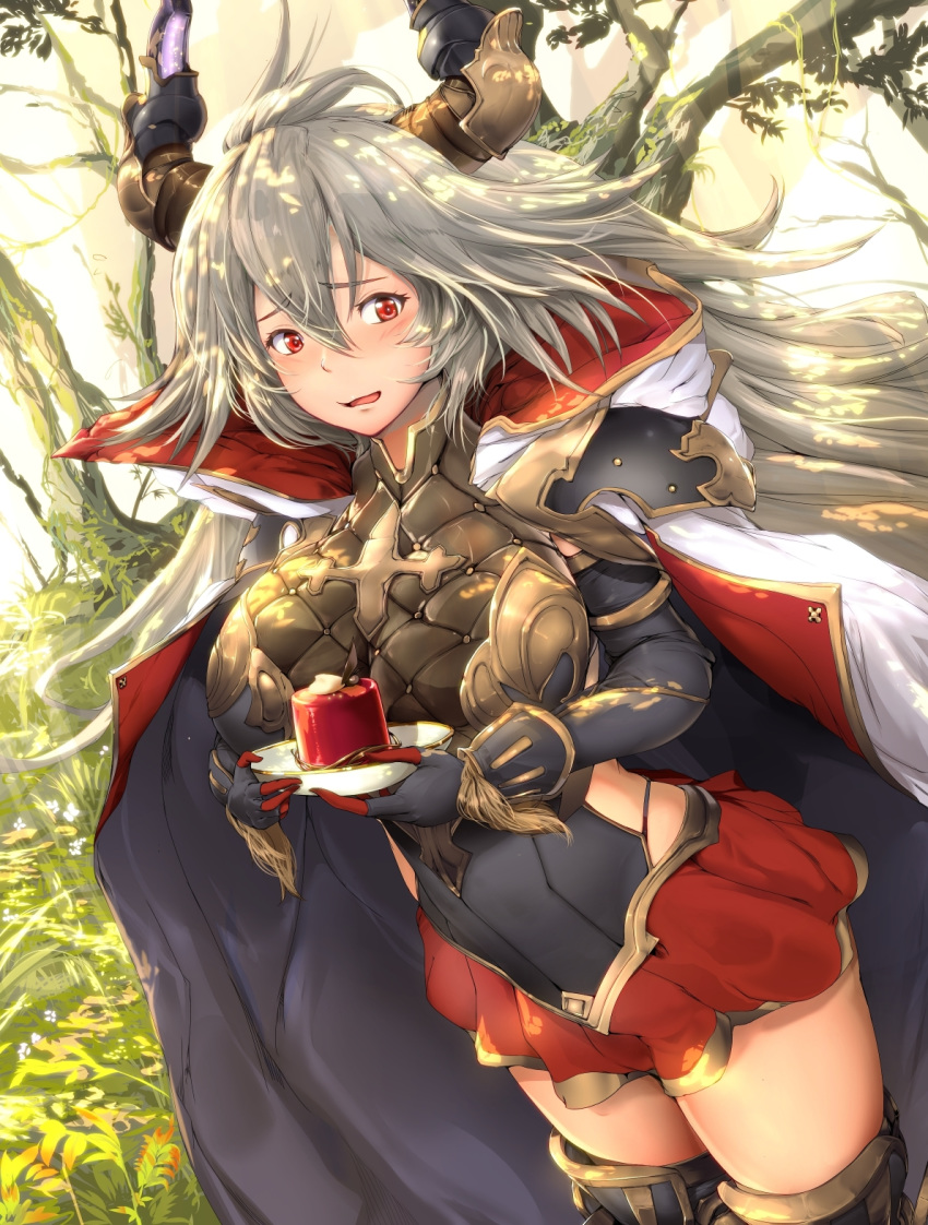 black_legwear blush boots bracer breasts cake cape cowboy_shot day draph dutch_angle elbow_gloves embarrassed food gloves granblue_fantasy grey_hair hair_between_eyes highres horns huge_breasts light_rays long_hair looking_away open_mouth outdoors pekoneko plate red_eyes skirt solo sunbeam sunlight thalatha_(granblue_fantasy) thigh_boots thighhighs tree valentine very_long_hair wavy_mouth wrist_guards