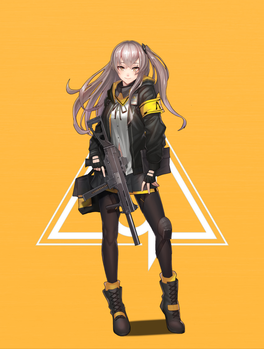 absurdres armband bag black_gloves black_legwear boots brown_eyes brown_hair contrapposto cross-laced_footwear dlalsrl03131 fingerless_gloves full_body girls_frontline gloves gun h&amp;k_ump h&amp;k_ump45 hand_on_thigh heckler_&amp;_koch highres hood hood_down hooded_jacket jacket knee_pads lace-up_boots long_hair looking_at_viewer messenger_bag one_side_up scar scar_across_eye shoulder_bag single_knee_pad skirt smile solo standing submachine_gun suppressor triangle trigger_discipline ump45_(girls_frontline) weapon yellow_background