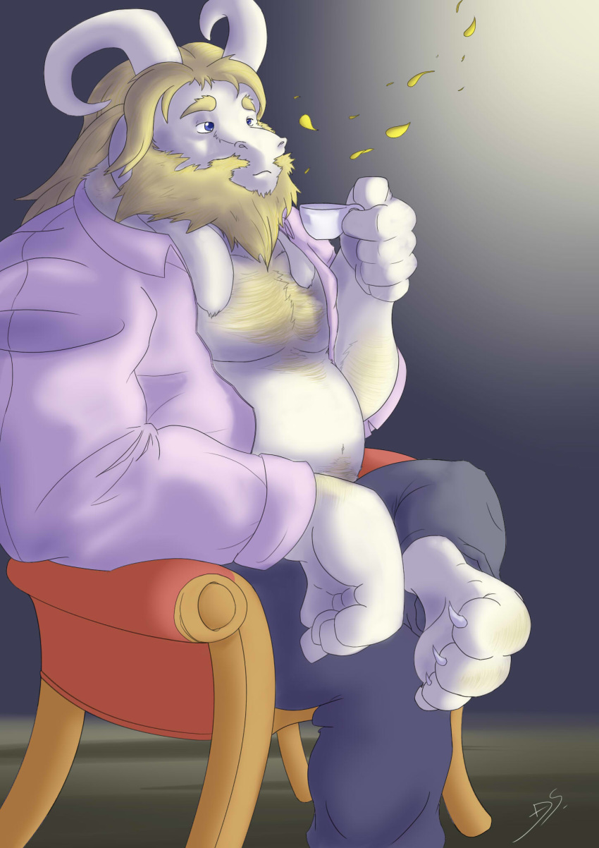 anthro asgore_dreemurr barefoot beard blonde_hair blue_eyes boss_monster caprine chair clothed clothing cup dragonslash facial_hair goat hair hi_res holding_cup male mammal mature_male musclegut open_shirt sitting smile solo tea_cup undertale video_games