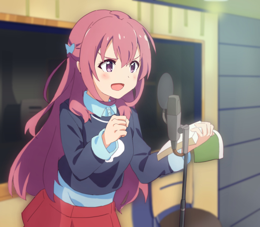 :d absurdres anime_coloring blush book bow clenched_hand girlish_number hair_bow highres indoors karasuma_chitose_(girlish_number) long_hair microphone open_book open_mouth purple_eyes purple_hair red_skirt skirt smile solo standing studio_microphone xiaohu