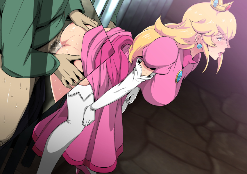 1girl ass ass_grab bangs bent_over blonde_hair blue_eyes blush bottomless breasts butt_crack cell censored close-up clothed_sex crown dress dress_lift earrings elbow_gloves embarrassed gloves gureko_rouman hands_on_own_knees high_heels highres indoors large_breasts long_dress long_hair mosaic_censoring nintendo no_panties open_mouth penis pink_dress princess_peach rolling_eyes saliva sex sidelocks solo_focus standing stud_earrings super_mario_bros. sweat thighhighs vaginal white_gloves white_legwear