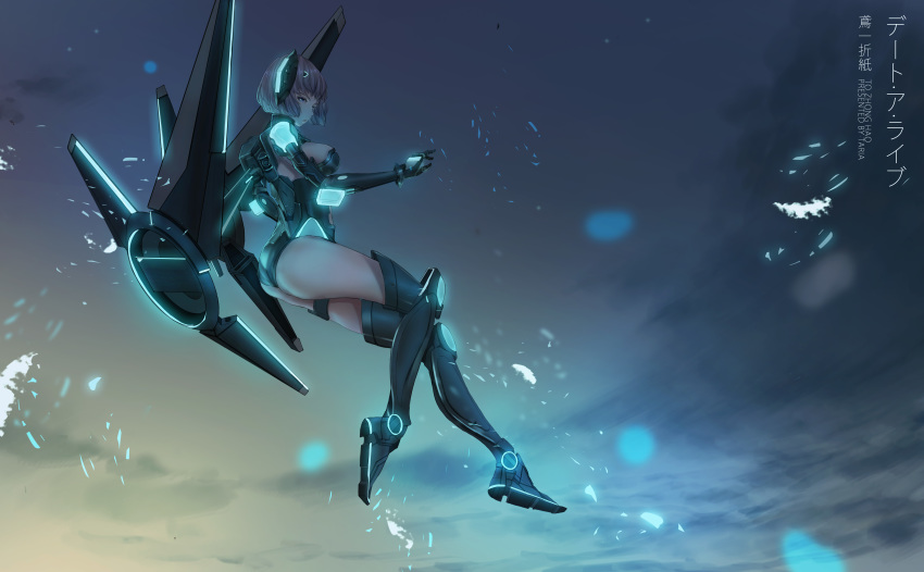 824314 absurdres armor armored_boots ass blue_eyes boots breasts character_name cloud cloudy_sky commentary_request copyright_name date_a_live evening flying from_side full_body gloves glowing_armor headgear highres legs_together leotard looking_at_viewer mechanical_wings medium_breasts outdoors reflective_eyes short_hair silver_hair sky solo thigh_boots thighhighs thighs tobiichi_origami vambraces wings