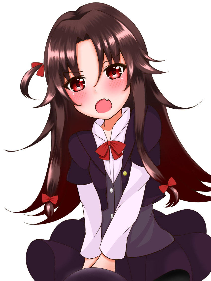 :o bad_id bad_pixiv_id bangs black_jacket black_skirt blush bow brown_hair commentary_request eyebrows_visible_through_hair fang gradient_hair grey_vest hair_between_eyes hair_bow hair_ribbon highres jacket leaning_to_the_side long_hair long_sleeves looking_at_viewer multicolored_hair one_side_up open_mouth red_bow red_eyes red_hair red_ribbon ribbon ryuuou_no_oshigoto! sakura_neko_(tatsuya_osktg7) shirt short_over_long_sleeves short_sleeves sidelocks simple_background skirt solo v_arms very_long_hair vest white_background white_shirt yashajin_ai