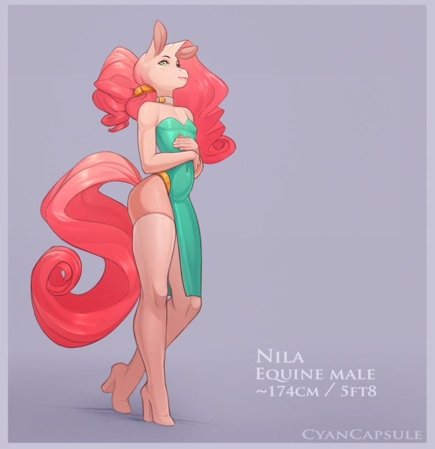big_tail blush boots clothed clothing collar crossdressing cyancapsule dress equine footwear full_body girly green_hair hair horse legwear long_hair male mammal model_sheet navel nila_(cyancapsule) pink_hair pink_tail ponytail smile solo thigh_high_boots tight_clothing