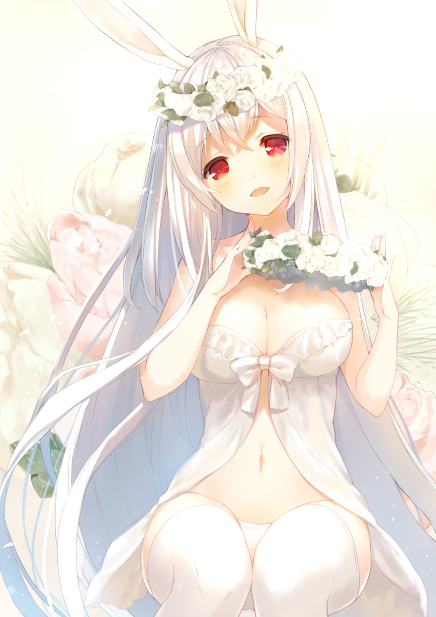 :d animal_ears babydoll bangs blush breasts bunny_ears cleavage commentary_request crossed_bangs cynthia_riddle eyebrows_visible_through_hair floral_background flower flower_wreath hair_between_eyes head_tilt head_wreath highres holding large_breasts long_hair looking_at_viewer navel open_mouth original p19 panties red_eyes silver_hair sitting smile solo strapless thighhighs underwear very_long_hair white white_background white_legwear