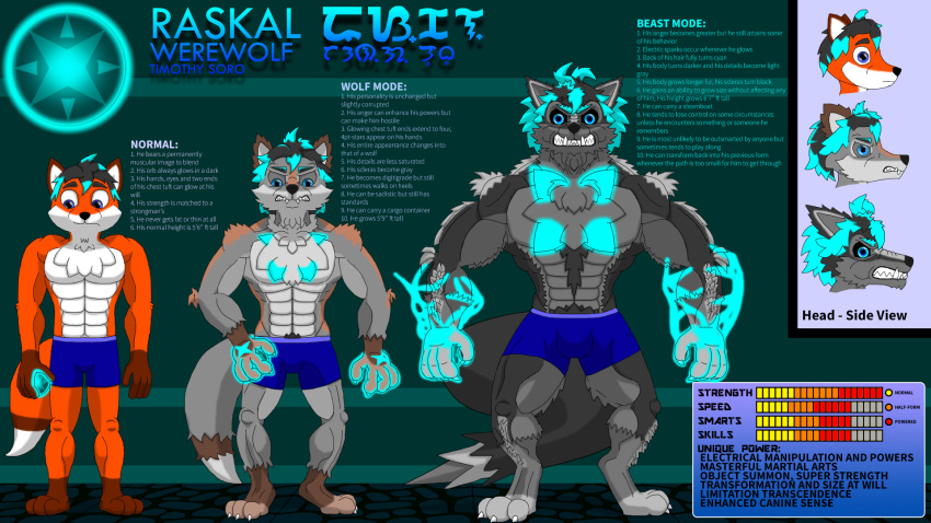 2018 abs anthro beast_(disambiguation) black_fur black_hair blue_eyes blue_hair bulge canine cheek_tuft chest_tuft claws clothed clothing crinos electric electricity electricspark fox fur grey_fur growth hair invalid_color invalid_tag mammal muscle_growth muscular orange_fur orb pubes skyblue2005 spark teenager text timothy timothy_soro toe_claws transformation tuft were werewolf white_fur wolf young