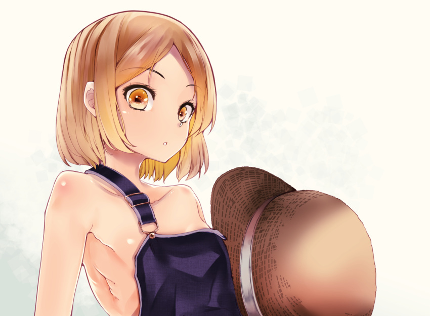 armpits bangs bare_shoulders blonde_hair breasts brown_background brown_eyes collarbone commentary_request eyebrows_visible_through_hair fate/grand_order fate_(series) hat hat_removed headwear_removed looking_at_viewer naked_overalls overalls parted_lips paul_bunyan_(fate/grand_order) short_hair simple_background small_breasts solo straw_hat takara_akihito