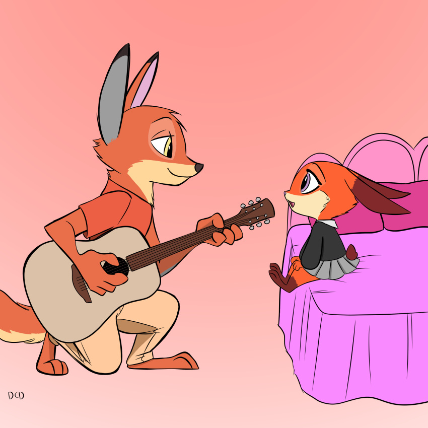 adolescent bed brother canine clothing disney fan_character female fox guitar hybrid lagomorph male mammal musical_instrument rabbit school_uniform shirt sibling sister size_difference skeletonguys-and-ragdolls uniform violet_(zootopia) young zootopia