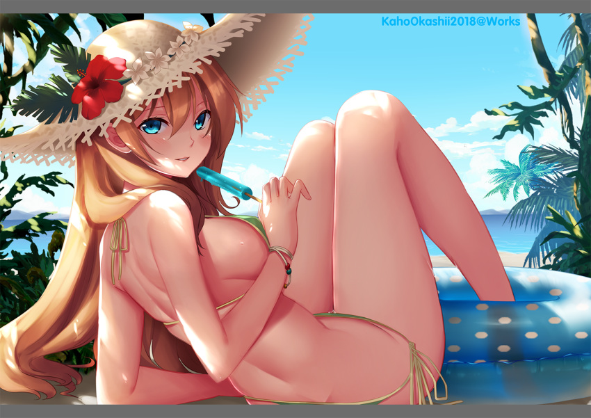 2018 arm_support artist_name bangs bare_arms bare_back bare_legs bare_shoulders bikini blonde_hair blue_eyes blue_sky breasts butt_crack cloud copyright_request dappled_sunlight day flower food green_bikini green_ribbon hair_between_eyes hat hat_flower hibiscus holding holding_food innertube kaho_okashii knees_up large_breasts leaning_back letterboxed long_hair looking_at_viewer palm_tree parted_lips polka_dot popsicle ribbon side-tie_bikini sideboob signature sitting sky smile solo straw_hat sunlight swimsuit tree very_long_hair