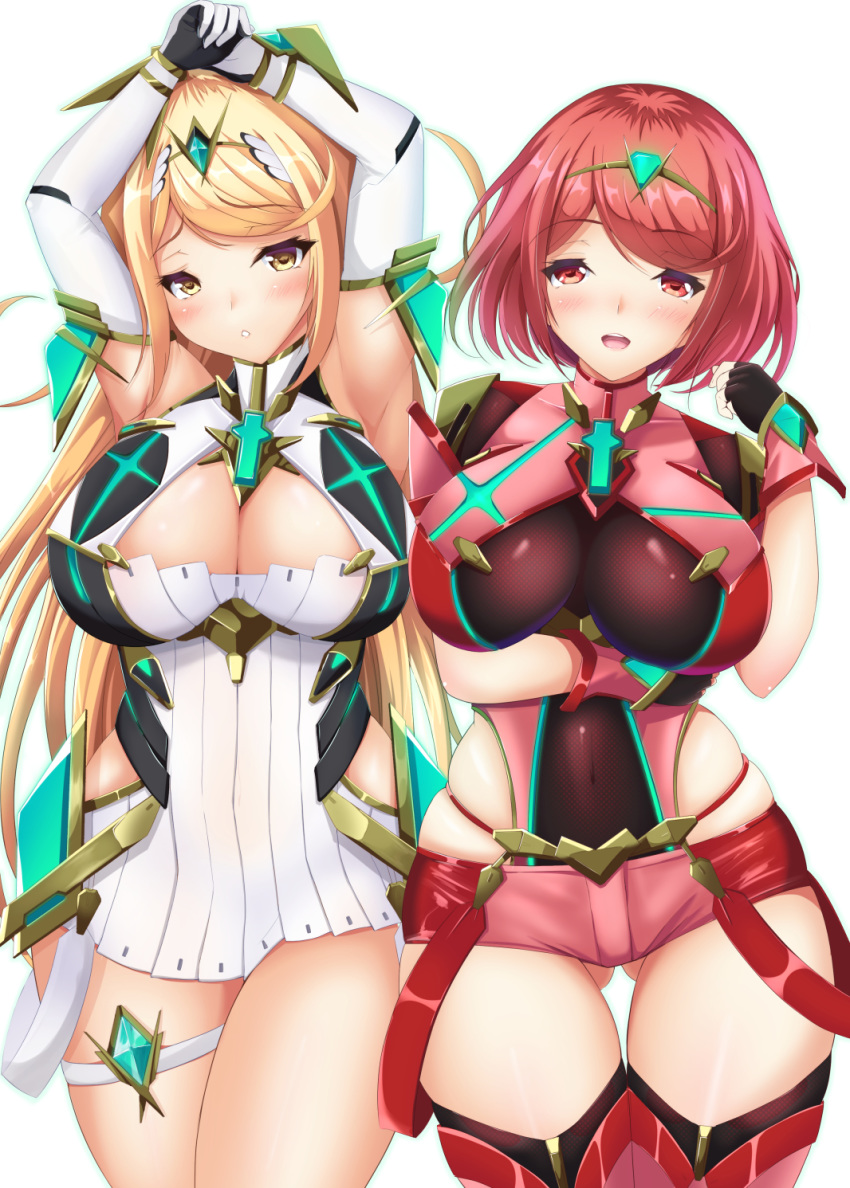 arms_up ass_visible_through_thighs bangs blonde_hair blush breast_hold breasts chestnut_mouth cleavage covered_navel cowboy_shot dress eyebrows_visible_through_hair fingerless_gloves gloves hair_ornament highres hikari_(xenoblade_2) homura_(xenoblade_2) large_breasts long_hair looking_at_viewer multiple_girls okatora open_mouth red_eyes red_hair red_legwear red_shorts short_hair short_shorts shorts skindentation swept_bangs thigh_strap thighhighs tiara xenoblade_(series) xenoblade_2 yellow_eyes