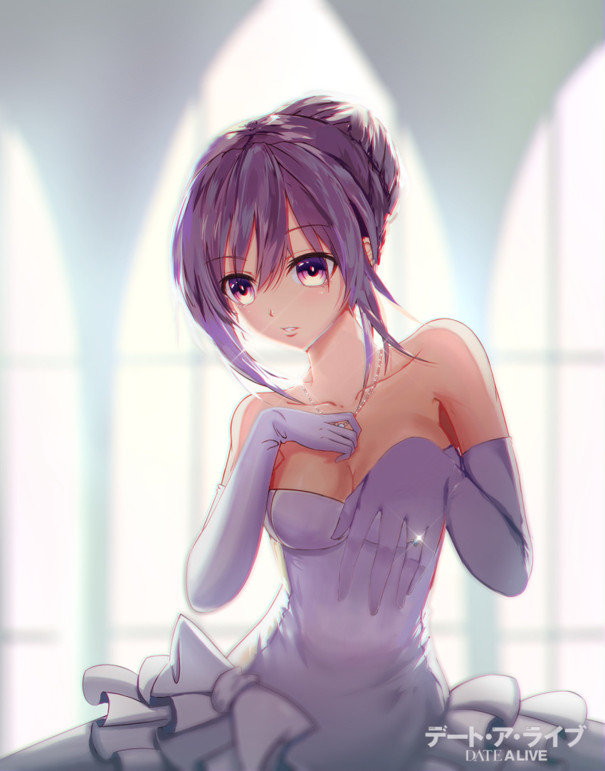 alternate_costume alternate_hairstyle bare_shoulders breasts cleavage collarbone copyright_name date_a_live dress elbow_gloves feng_mouren frilled_dress frills gloves glowing glowing_eyes hair_bun highres jewelry looking_at_viewer medium_breasts necklace open_mouth outstretched_wrists purple_eyes purple_hair ring solo strapless strapless_dress wedding wedding_dress wedding_ring white_dress white_gloves yatogami_tooka