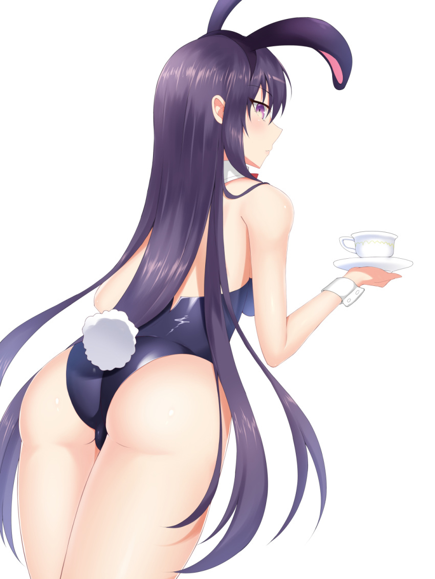 animal_ears ass bare_shoulders bunny_ears bunny_tail bunnysuit cowboy_shot cup date_a_live detached_collar fake_animal_ears feng_mouren from_behind highres holding holding_cup leaning_forward long_hair looking_at_viewer looking_back purple_eyes purple_hair simple_background solo tail thighs very_long_hair white_background wrist_cuffs yatogami_tooka