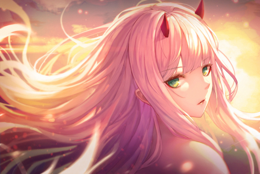 aqua_eyes backlighting bangs bare_shoulders blunt_bangs blurry cloud darling_in_the_franxx evening eyebrows_visible_through_hair inho_song lips long_hair looking_at_viewer no_hairband outdoors parted_lips portrait solo sunlight tsurime zero_two_(darling_in_the_franxx)