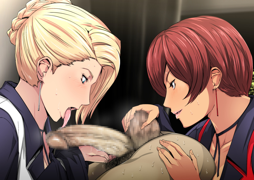 2girls ass blonde_hair blue_eyes brown_eyes brown_hair caressing_testicles censored clothed_female_nude_male earrings erection fellatio femdom gureko_rouman highres indoors legs legs_up licking looking_at_another looking_down matching_hair/eyes mature_(kof) mosaic_censoring multiple_girls oral parted_lips penis saliva short_hair smile sweat testicles the_king_of_fighters thighs tongue tongue_out vice