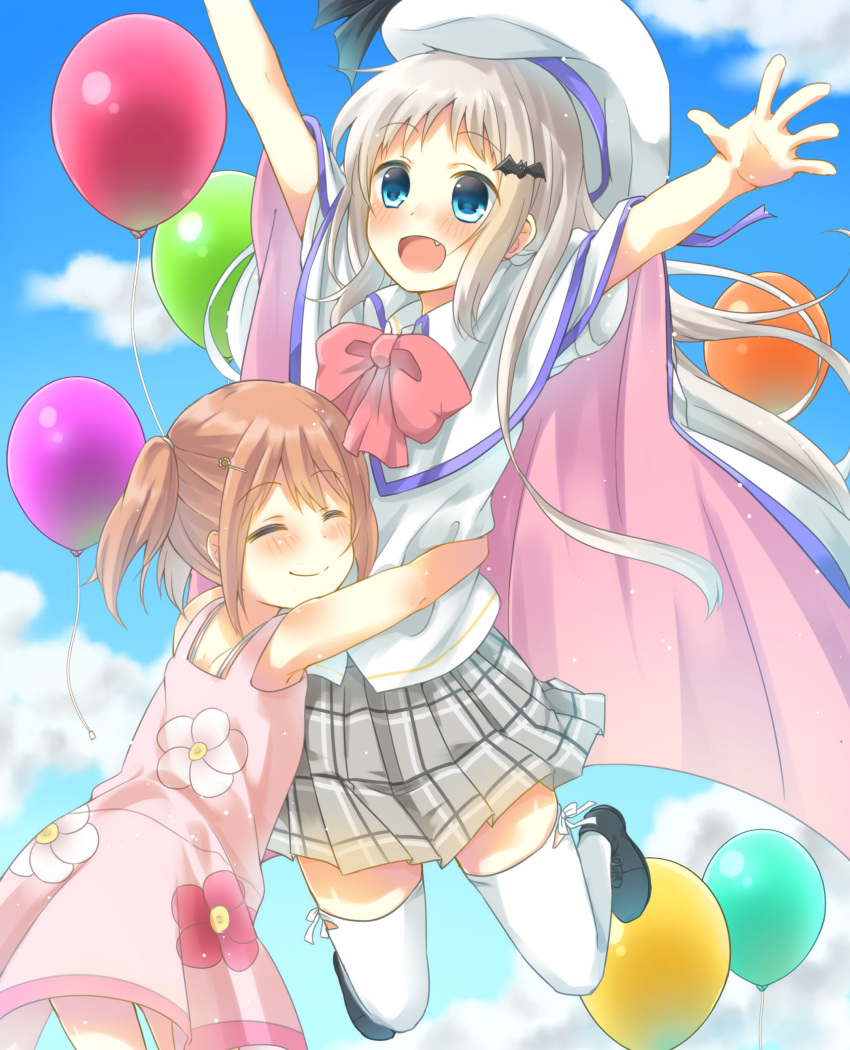 absurdres arizuki_shiina arms_up blue_eyes brown_hair cape closed_eyes cloud day dress fang floral_print hat highres hug jumping kud_wafter legs_up little_busters! long_hair multiple_girls noumi_kudryavka open_mouth outdoors pink_dress plaid plaid_skirt shirt skirt sky smile sundress thighhighs white_cape white_legwear white_shirt youyi_(yui010321)