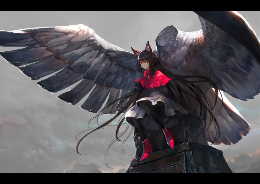 animal_ears black_legwear brown_hair capelet closed_mouth cloud cloudy_sky commentary_request dress full_body high_heels imaizumi_kagerou letterboxed long_hair looking_at_viewer onion_(onion_and_pi-natto) outdoors pantyhose red_eyes red_footwear shoes short_dress sitting sky solo statue touhou very_long_hair white_dress wolf_ears