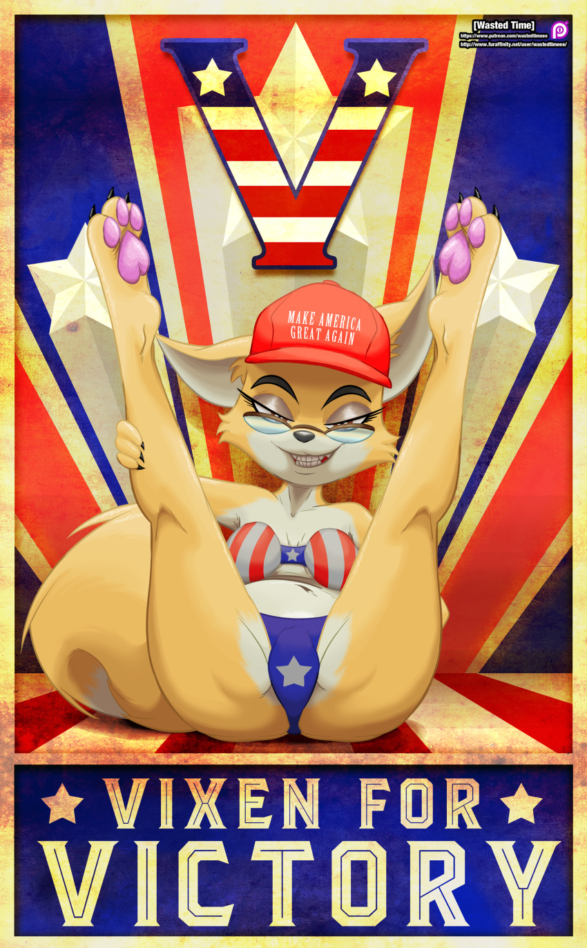 anthro breasts canine eyewear fangs female fourth_of_july fox glasses hi_res legs_up looking_at_viewer lt._fox_vixen maga_hat mammal nipples politics poster presenting seductive smile solo spread_legs spreading squirrel_and_hedgehog teeth wastedtimeee