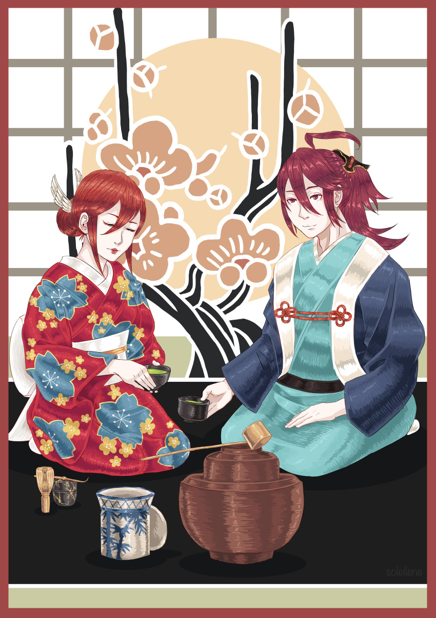 1girl absurdres ahoge closed_eyes cup father_and_daughter fire_emblem fire_emblem_if highres japanese_clothes kimono matoi_(fire_emblem_if) red_hair tea teacup traditional_clothes tsubaki_(fire_emblem_if)