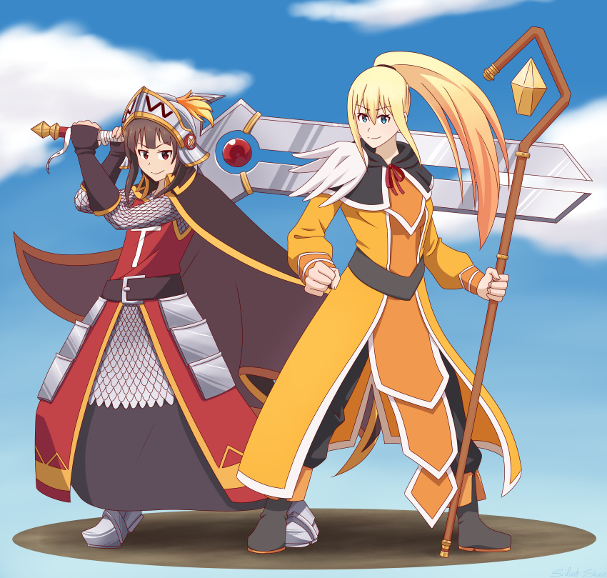 absurdres armor belt black_belt blonde_hair boots brown_hair buster_sword capelet chainmail cloak crystal darkness_(konosuba) fingerless_gloves gloves greaves green_eyes helm helmet highres knight kono_subarashii_sekai_ni_shukufuku_wo! mage megumin multiple_girls orb pants ponytail red_eyes red_shirt robe role_reversal shirt short_hair silent-shanin smile staff surcoat sword tassel visor_(armor) weapon yellow_robe