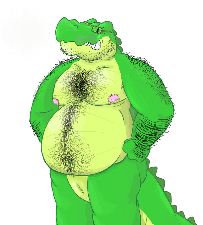 alligator animal_genitalia anthro beard belly belly_hair big_belly body_hair chest_hair crocodilian eyewear facial_hair gator_(artist) genital_slit glasses hairy_belly happy_trail male mature_male musclegut muscular muscular_male nipples nude overweight overweight_male reptile scalie slit smile smirk solo the_bogosphere